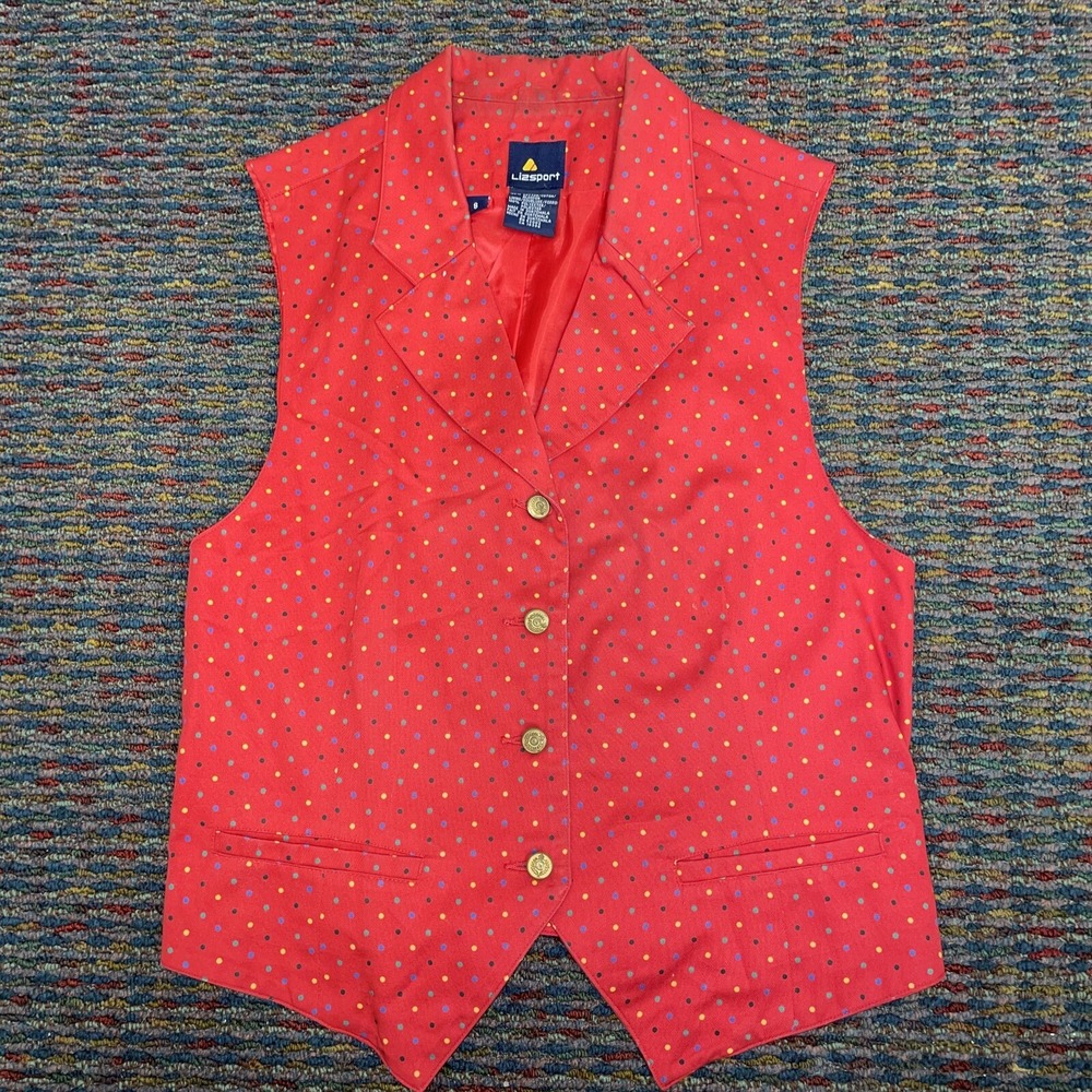 Vintage Lizsport Red Polka Dot Cotton Vest 4 Button 100% Cotton Womens Size 8